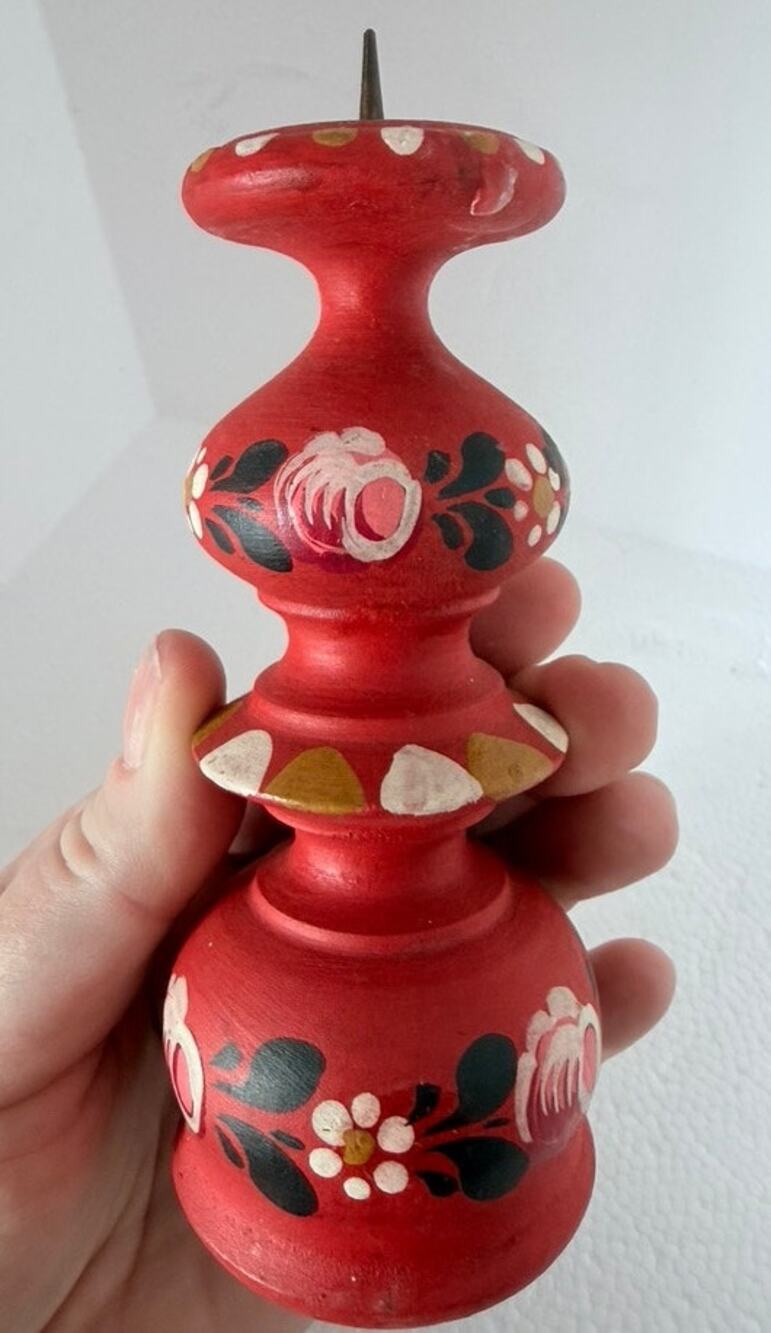 Vintage Scandi Hand Painted Floral Candle Stick Folk Art Festive Decor Retro